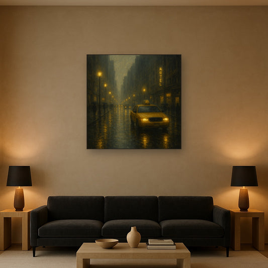Rain-Drenched Manhattan Avenue Lights No. 6 Oil Painting Staged Above Sectional Sofa in Living Room, Hand Painted Canvas Wall Art for Home Decor