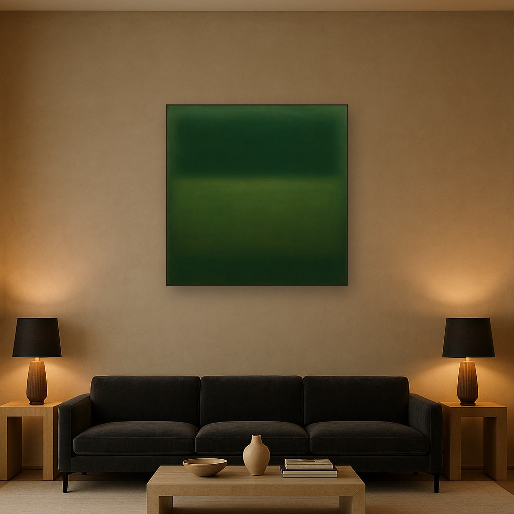 Forest Emerald & Deep Moss Contemplative Field No. 21 Oil Painting Staged Above Sectional Sofa in Living Room, Hand Painted Canvas Wall Art for Home Decor