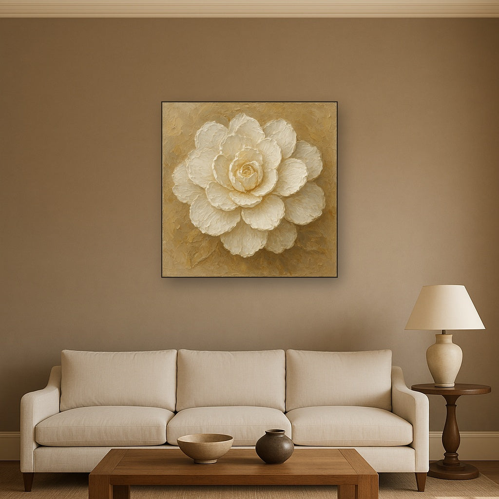 Sculptural White Camellia Heavy Impasto Oil Painting - View 2