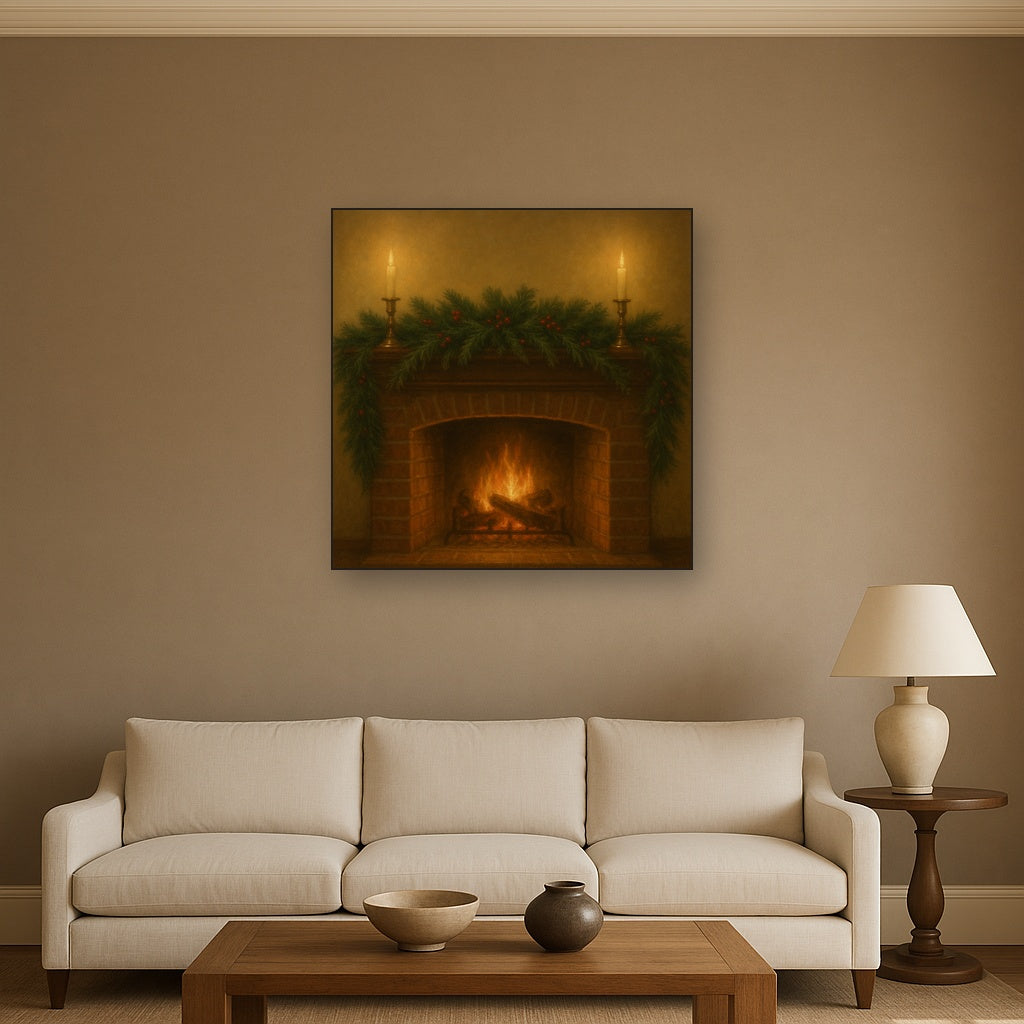 Vintage Fireside Hearth & Cedar Garlands No. 7 Oil Painting - View 2