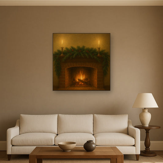 Vintage Fireside Hearth & Cedar Garlands No. 7 Oil Painting - View 2