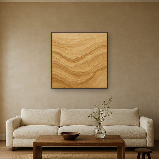 Weathered Mineral Sediments in Warm Ecru No. 7 Oil Painting Staged Above Sectional Sofa in Living Room, Hand Painted Canvas Wall Art for Home Decor