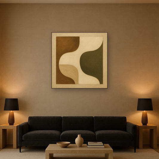 Minimalist Asymmetrical Balance in Raw Umber No. 13 Oil Painting Staged Above Sectional Sofa in Living Room, Hand Painted Canvas Wall Art for Home Decor