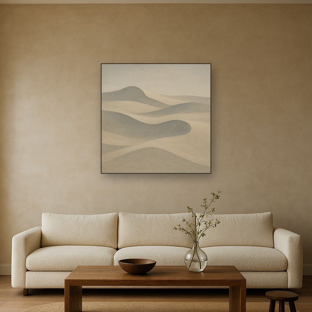 Monochrome Sand Dune Contours & Pale Slate No. 8 Oil Painting Staged Above Sectional Sofa in Living Room, Hand Painted Canvas Wall Art for Home Decor