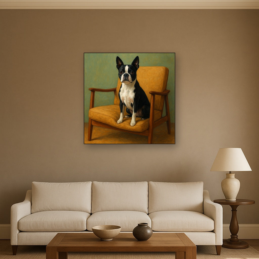 Boston Terrier in Warm Mid-Century Armchair No. 6 Fine Art Oil Painting - View 2