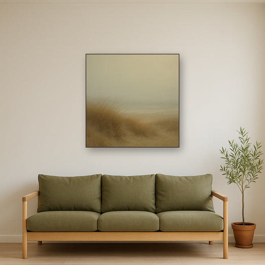 Silent Dune Grass in November Sea Fog Oil Painting Staged Above Sectional Sofa in Living Room, Hand Painted Canvas Wall Art for Home Decor