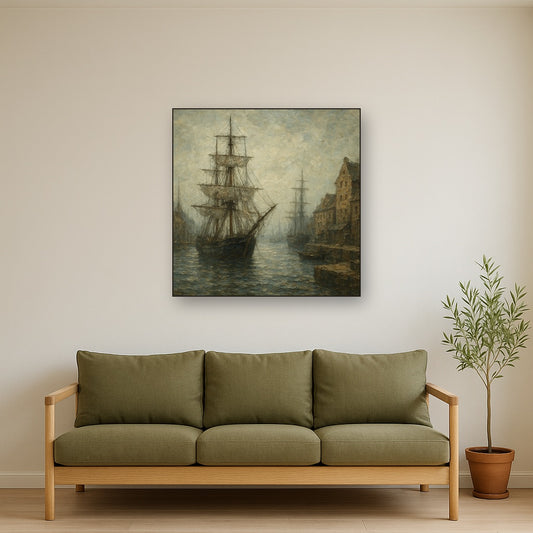 Old World Maritime Harbor & Tall Ships No. 2 Oil Painting - Styled in Modern Living Room