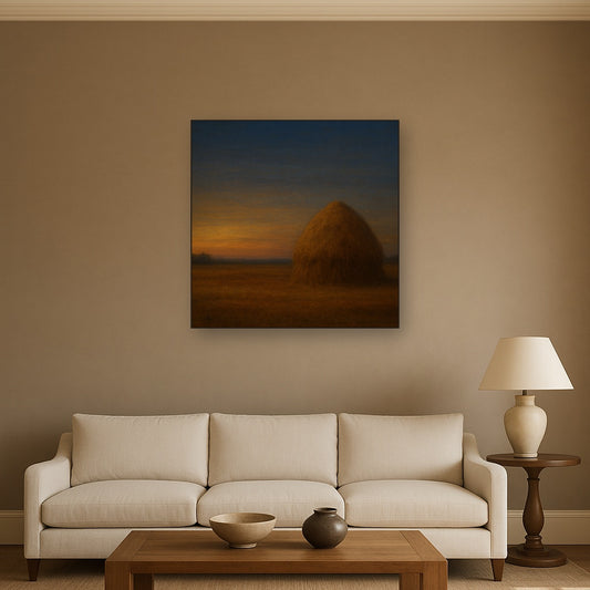 Dusk Horizon over Weathered Haystack No. 7 Oil Painting Staged Above Sectional Sofa in Living Room, Hand Painted Canvas Wall Art for Home Decor