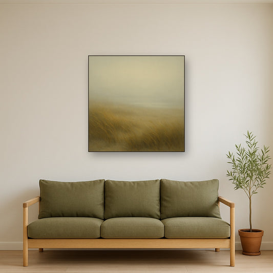 Silent Dune Grass in November Sea Fog No. 21 Oil Painting Staged Above Sectional Sofa in Living Room, Hand Painted Canvas Wall Art for Home Decor
