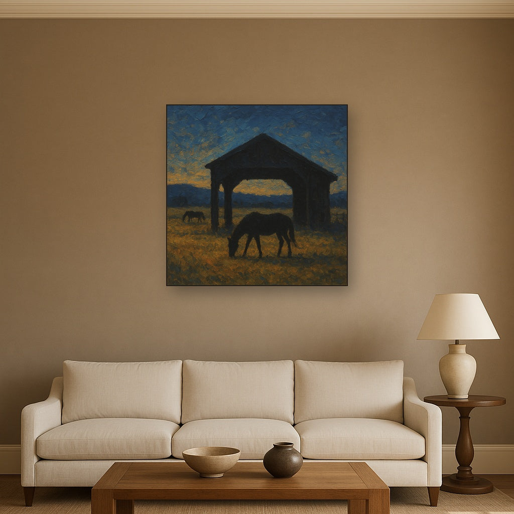 Rustic Equestrian Stable Silhouette No. 5 Oil Painting - Styled in Modern Living Room