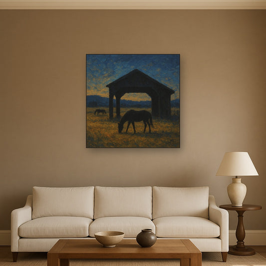 Rustic Equestrian Stable Silhouette No. 5 Oil Painting - Styled in Modern Living Room