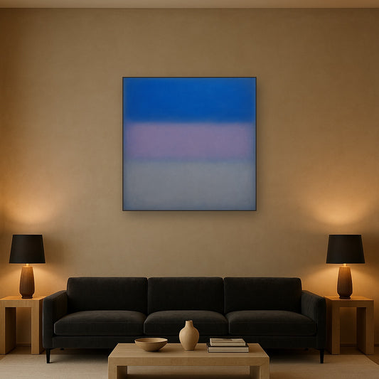 Cobalt Azure & Twilight Lavender Immersion No. 6 Oil Painting Staged Above Sectional Sofa in Living Room, Hand Painted Canvas Wall Art for Home Decor