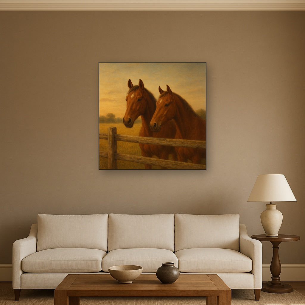 Two Horses at Rustic Post & Rail Fence No. 10 Oil Painting - View 2