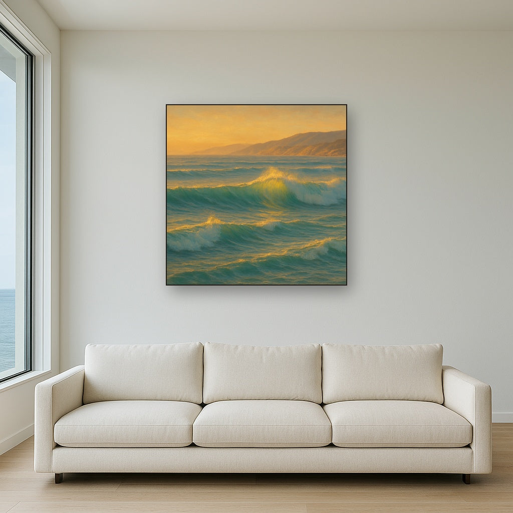 Golden Hour Sunlight on Ocean Swells No. 14 Oil Painting Staged Above Sectional Sofa in Living Room, Hand Painted Canvas Wall Art for Home Decor