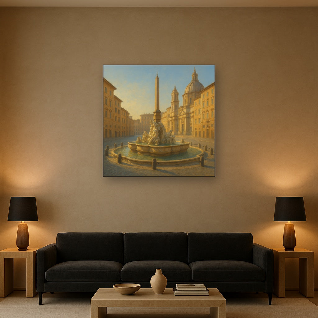 Rome Piazza Fountain in Morning Sunlight No. 27 Oil Painting - View 2