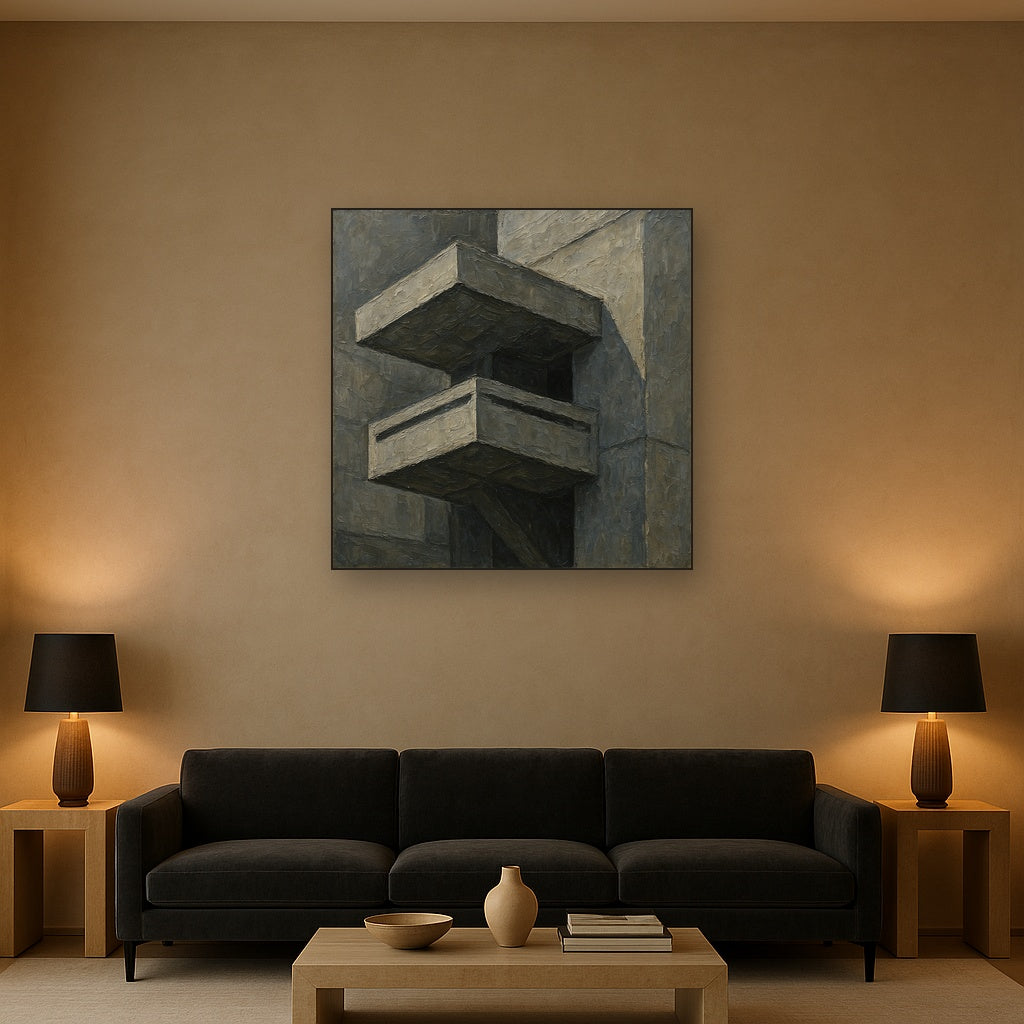 Brutalist Cantilevered Balcony Study No. 3 Oil Painting - Styled in Modern Living Room