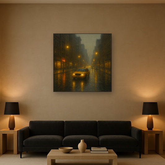 Rain-Drenched Manhattan Avenue Lights No. 9 Oil Painting Staged Above Sectional Sofa in Living Room, Hand Painted Canvas Wall Art for Home Decor
