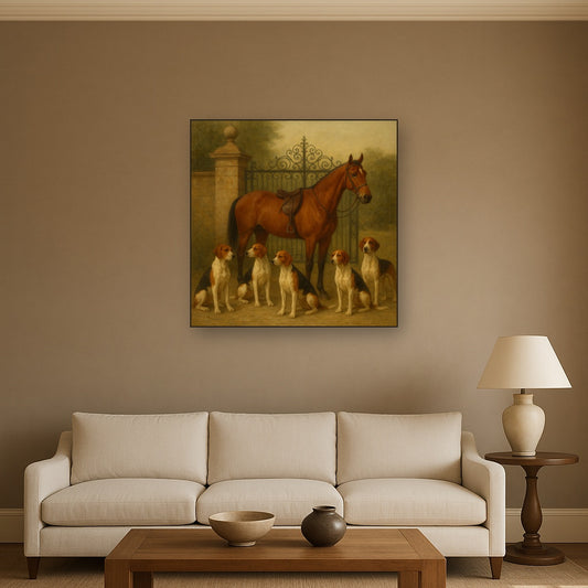 Hunting Hounds & Thoroughbred by Estate Gate No. 18 Oil Painting Staged Above Sectional Sofa in Living Room, Hand Painted Canvas Wall Art for Home Decor