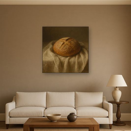 Artisan Sourdough Boule & Linen Drapery No. 3 Oil Painting Staged Above Sectional Sofa in Living Room, Hand Painted Canvas Wall Art for Home Decor