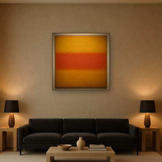 Luminous Ochre & Terracotta Horizon Color Field No. 30 Oil Painting Staged Above Sectional Sofa in Living Room, Hand Painted Canvas Wall Art for Home Decor