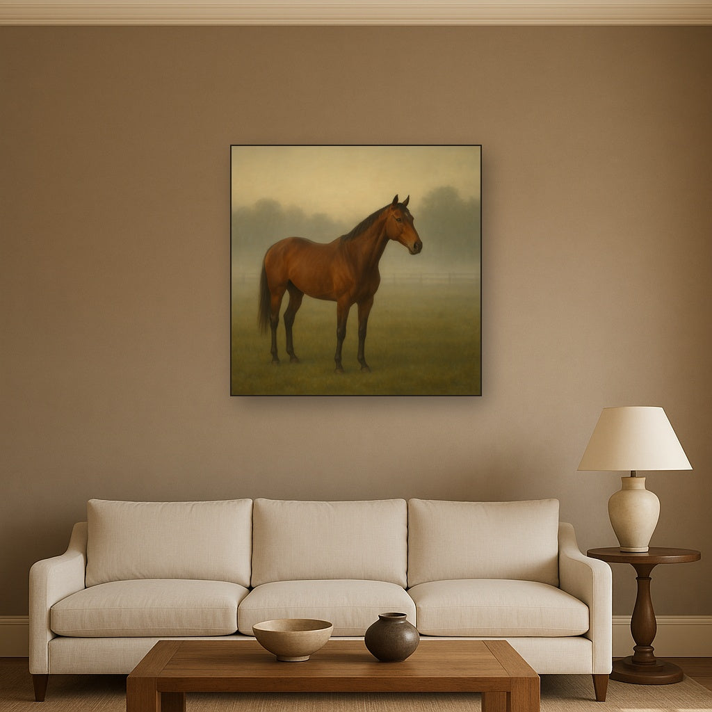 Thoroughbred in Morning Pasture Mist No. 4 Oil Painting - View 2