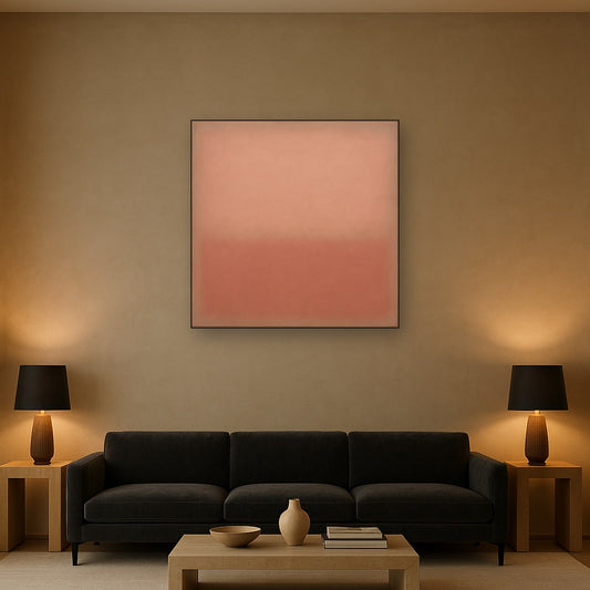 Blush Rose & Dusky Terracotta Ambient Glow No. 11 Oil Painting Staged Above Sectional Sofa in Living Room, Hand Painted Canvas Wall Art for Home Decor