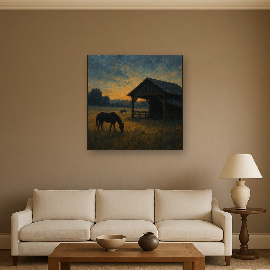 Rustic Equestrian Stable Silhouette No. 3 Oil Painting - Styled in Modern Living Room