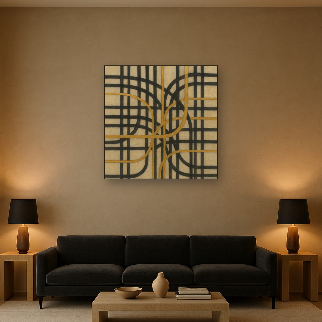 Abstract Woven Line Matrix in Charcoal & Gold No. 11 Fine Art Oil Painting - View 2