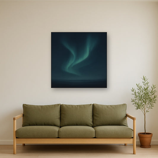 Aurora Borealis Veil in Deep Midnight Indigo No. 4 Oil Painting Staged Above Sectional Sofa in Living Room, Hand Painted Canvas Wall Art for Home Decor