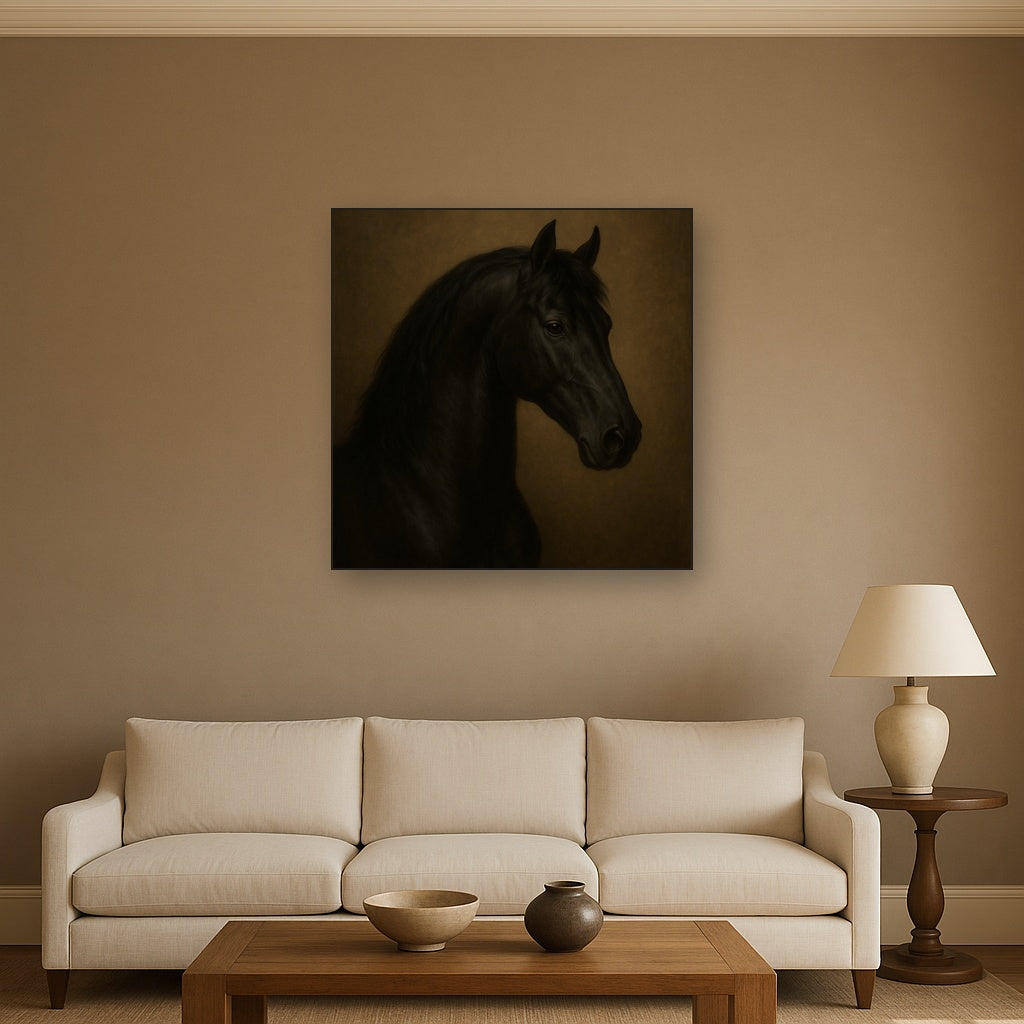 Dark Stallion Portrait in Classical Sfumato No. 15 Oil Painting Staged Above Sectional Sofa in Living Room, Hand Painted Canvas Wall Art for Home Decor