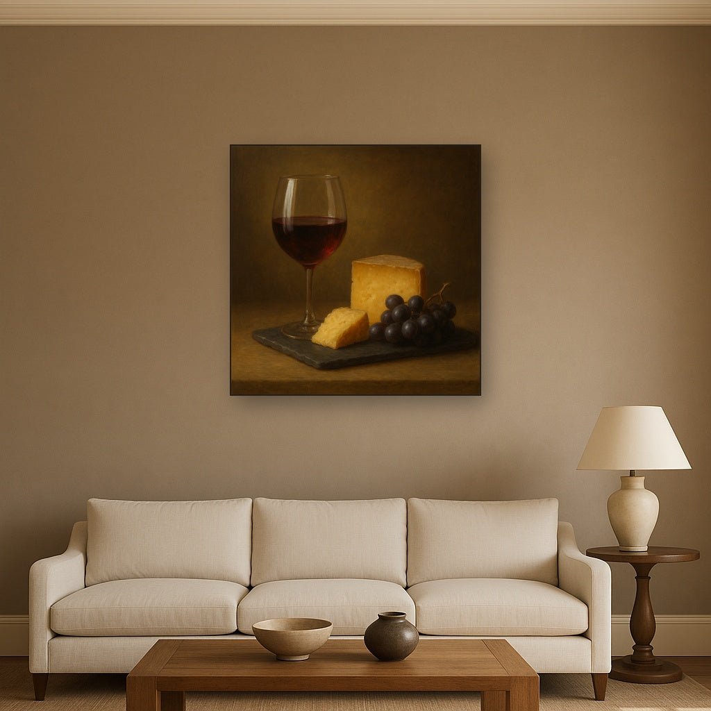 Burgundy Wine Glass & Aged Cheese Board No. 6 Oil Painting - View 2