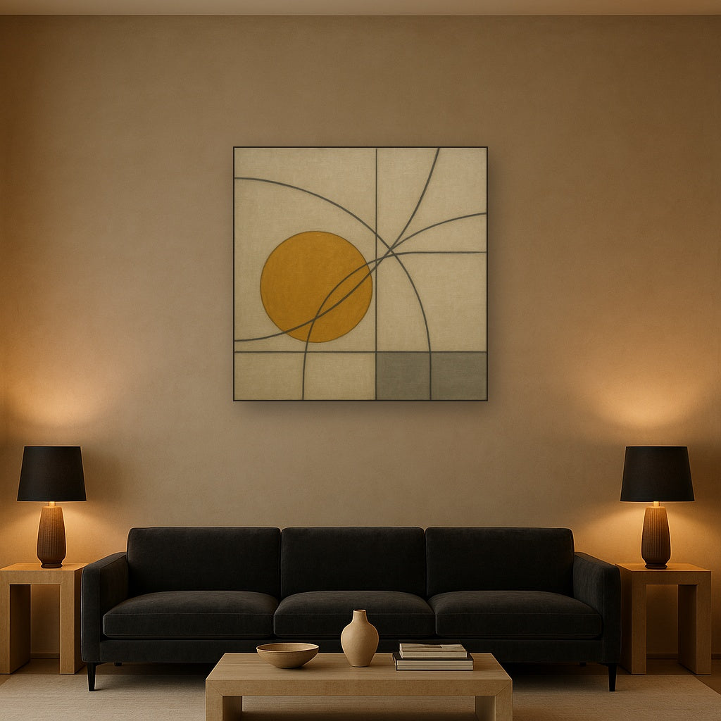 Abstract Tangent Lines & Earthy Ochre Disc No. 4 Oil Painting - View 2