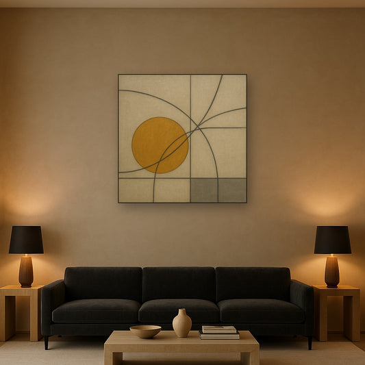 Abstract Tangent Lines & Earthy Ochre Disc No. 4 Oil Painting Staged Above Sectional Sofa in Living Room, Hand Painted Canvas Wall Art for Home Decor