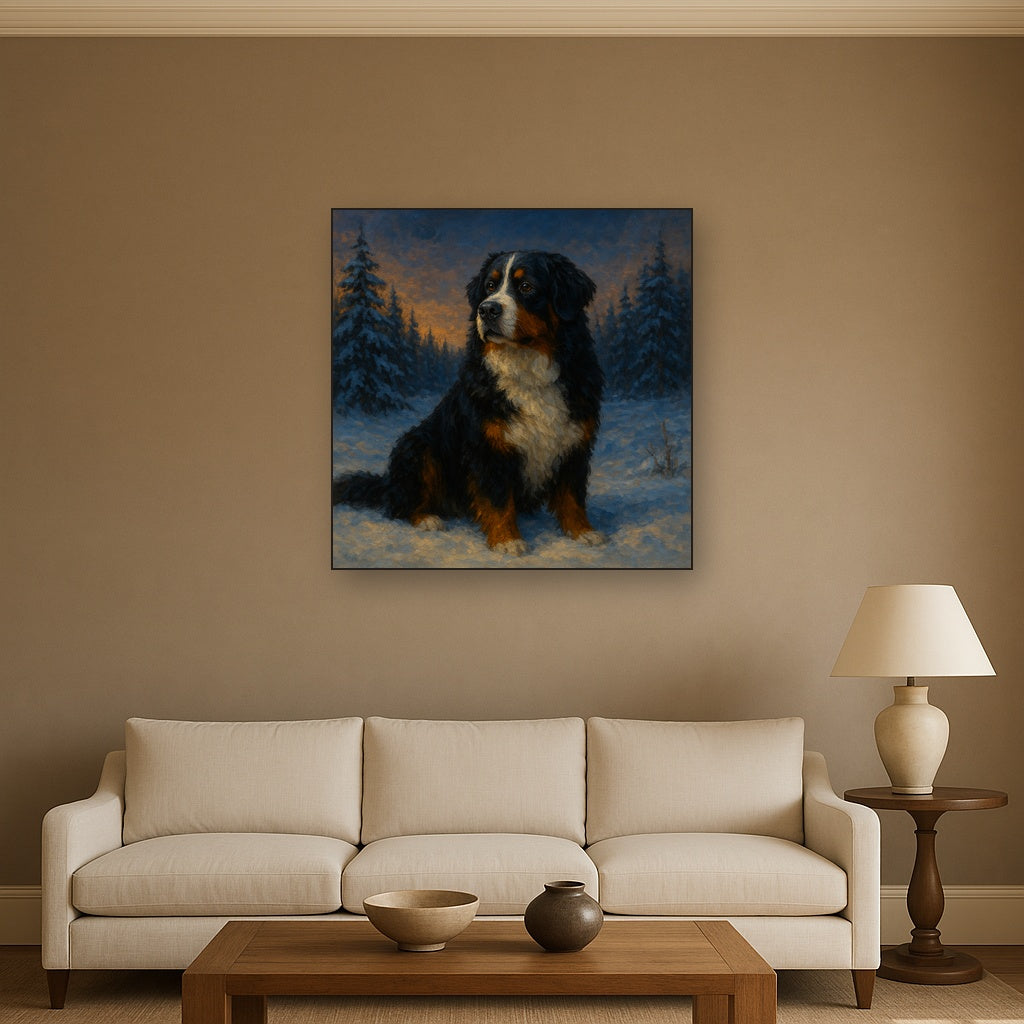 Bernese Mountain Dog in Winter Snowscape No. 6 Fine Art Oil Painting - View 2