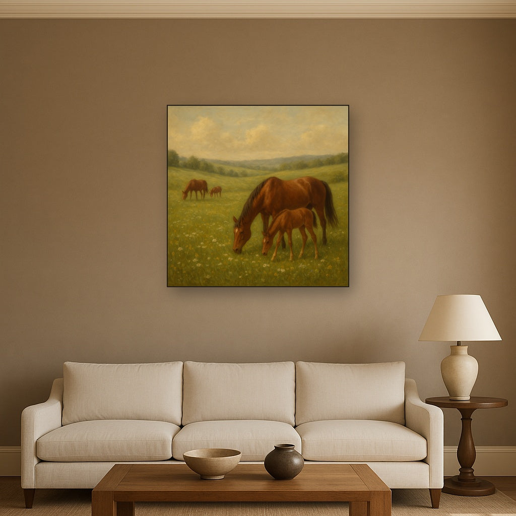 Mares & Foals Grazing in Rolling Meadow No. 15 Oil Painting - View 2