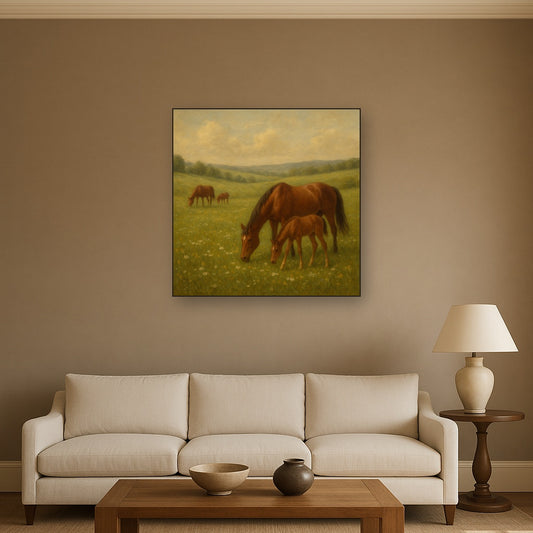 Mares & Foals Grazing in Rolling Meadow No. 15 Oil Painting Staged Above Sectional Sofa in Living Room, Hand Painted Canvas Wall Art for Home Decor