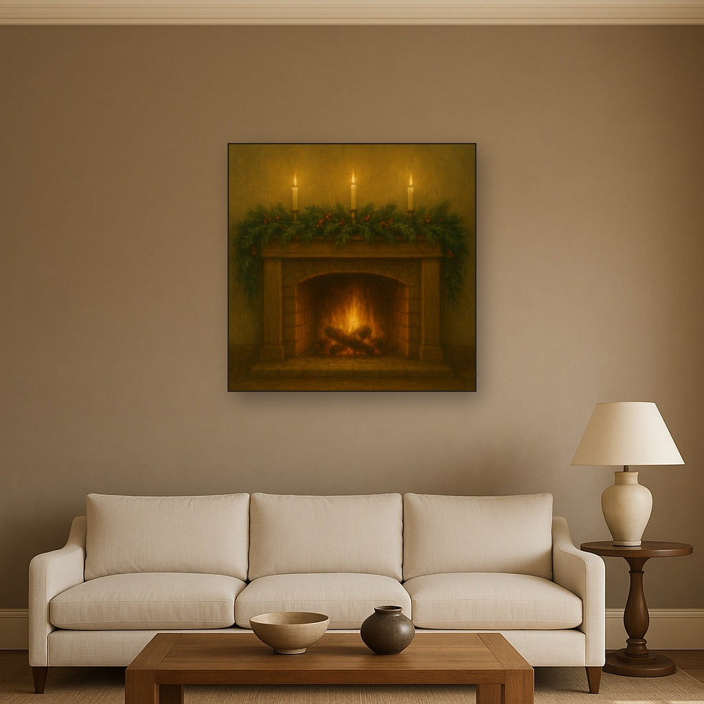 Vintage Fireside Hearth & Cedar Garlands No. 9 Oil Painting - View 2