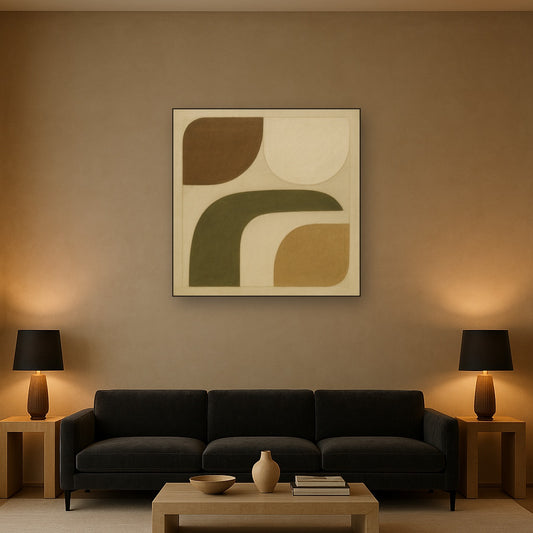 Minimalist Asymmetrical Balance in Raw Umber No. 17 Oil Painting Staged Above Sectional Sofa in Living Room, Hand Painted Canvas Wall Art for Home Decor