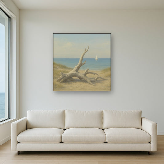 Sun-Bleached Driftwood & Distant Sailboat No. 19 Oil Painting Staged Above Sectional Sofa in Living Room, Hand Painted Canvas Wall Art for Home Decor