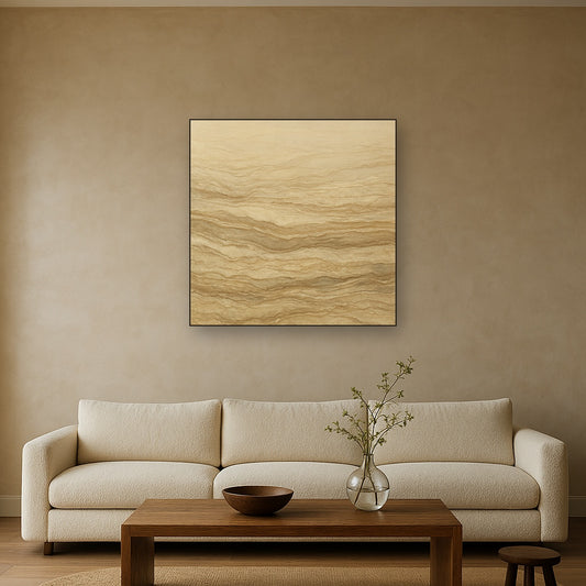 Weathered Mineral Sediments in Warm Ecru No. 17 Oil Painting Staged Above Sectional Sofa in Living Room, Hand Painted Canvas Wall Art for Home Decor
