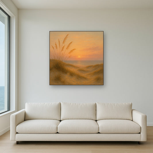 Sea Oats on Rolling Coastal Dunes at Sunset No. 19 Oil Painting Staged Above Sectional Sofa in Living Room, Hand Painted Canvas Wall Art for Home Decor