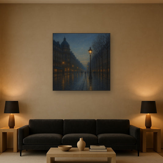 Rainy Parisian Boulevard at Twilight No. 8 Oil Painting Staged Above Sectional Sofa in Living Room, Hand Painted Canvas Wall Art for Home Decor