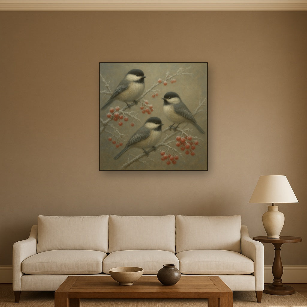Winter Birds on Frosty Red Berry Branch Oil Painting - View 2