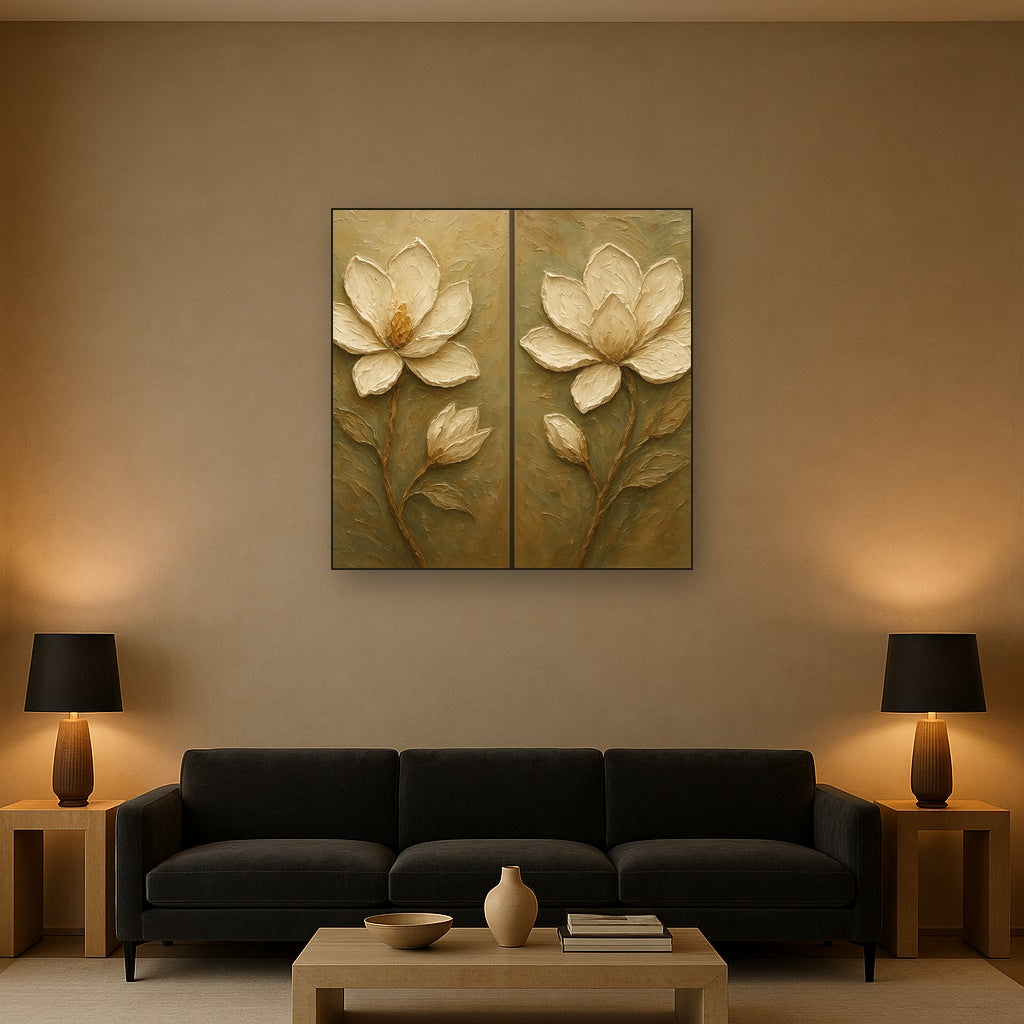 Sculptural Magnolia Diptych Blooms Oil Painting - Styled in Modern Living Room