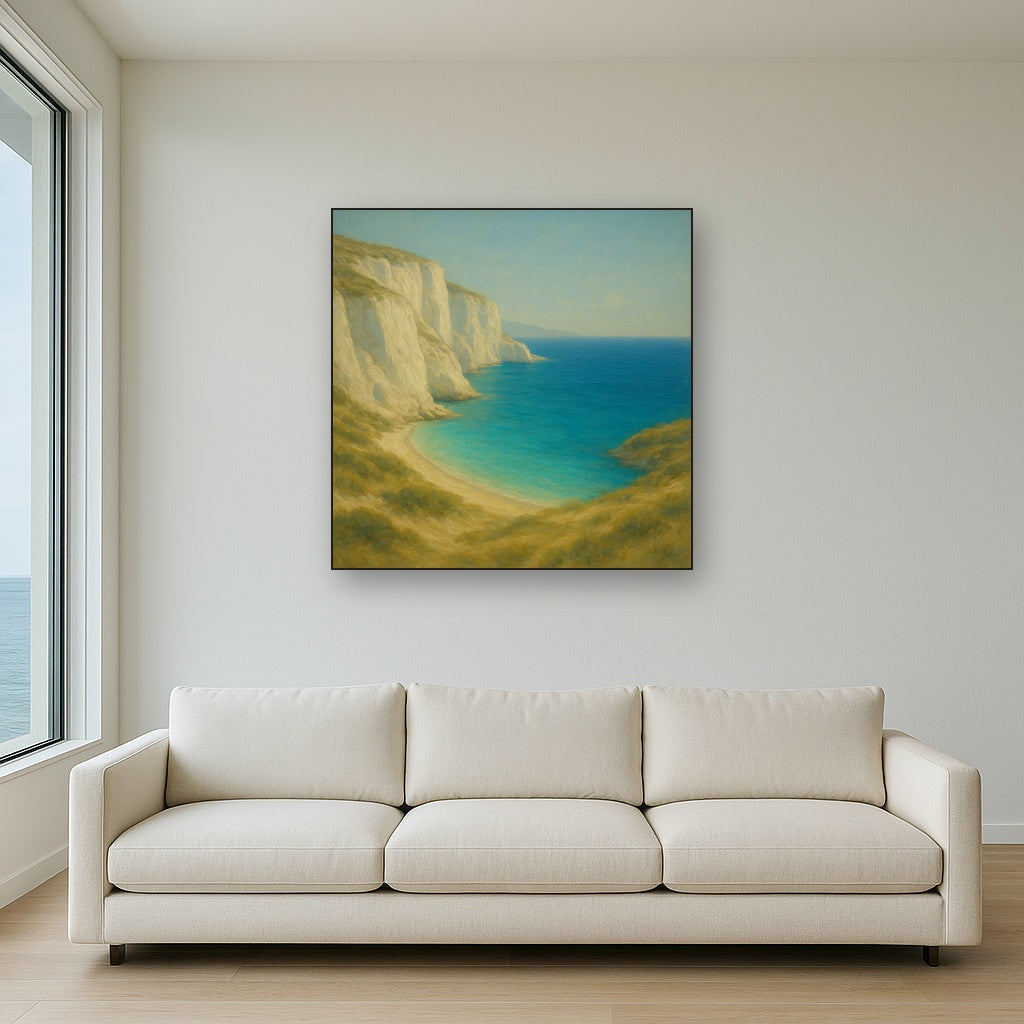 Mediterranean White Cliffs & Turquoise Cove No. 9 Oil Painting Staged Above Sectional Sofa in Living Room, Hand Painted Canvas Wall Art for Home Decor