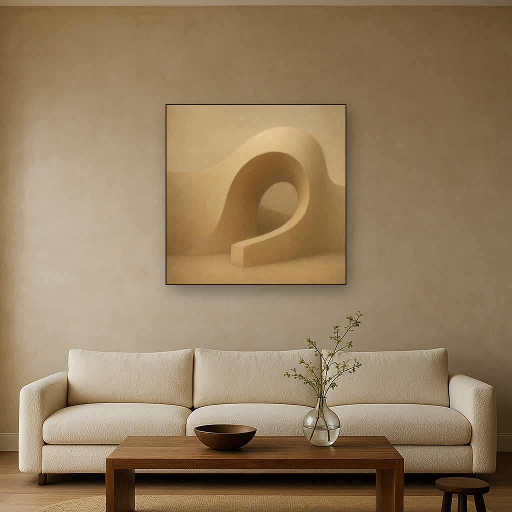 Soft Architectural Curve in Desert Bone No. 6 Oil Painting Staged Above Sectional Sofa in Living Room, Hand Painted Canvas Wall Art for Home Decor