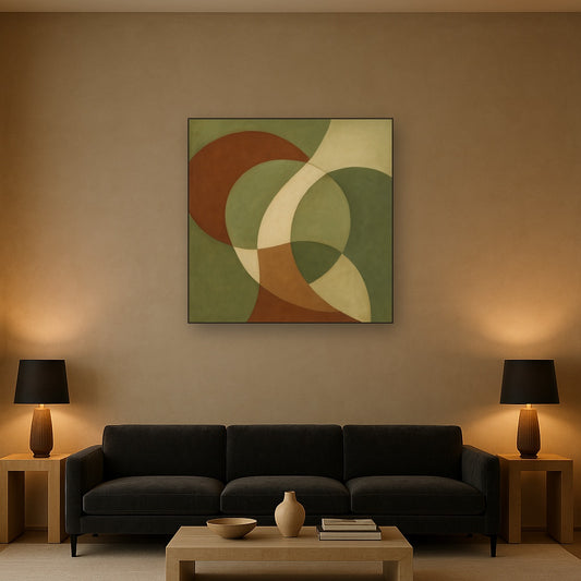 Intersecting Curved Forms in Olive & Rust No. 14 Oil Painting Staged Above Sectional Sofa in Living Room, Hand Painted Canvas Wall Art for Home Decor