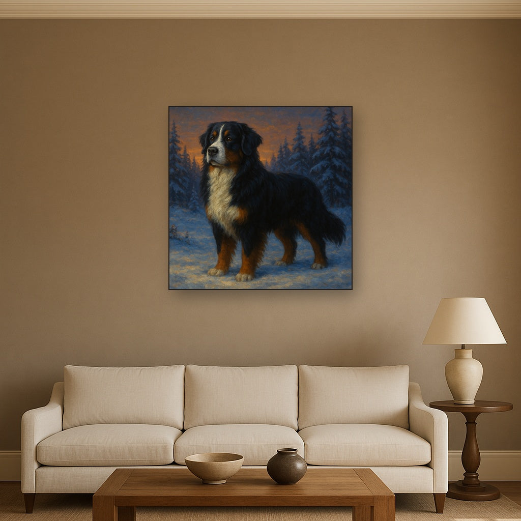 Bernese Mountain Dog in Winter Snowscape No. 7 Fine Art Oil Painting - View 2