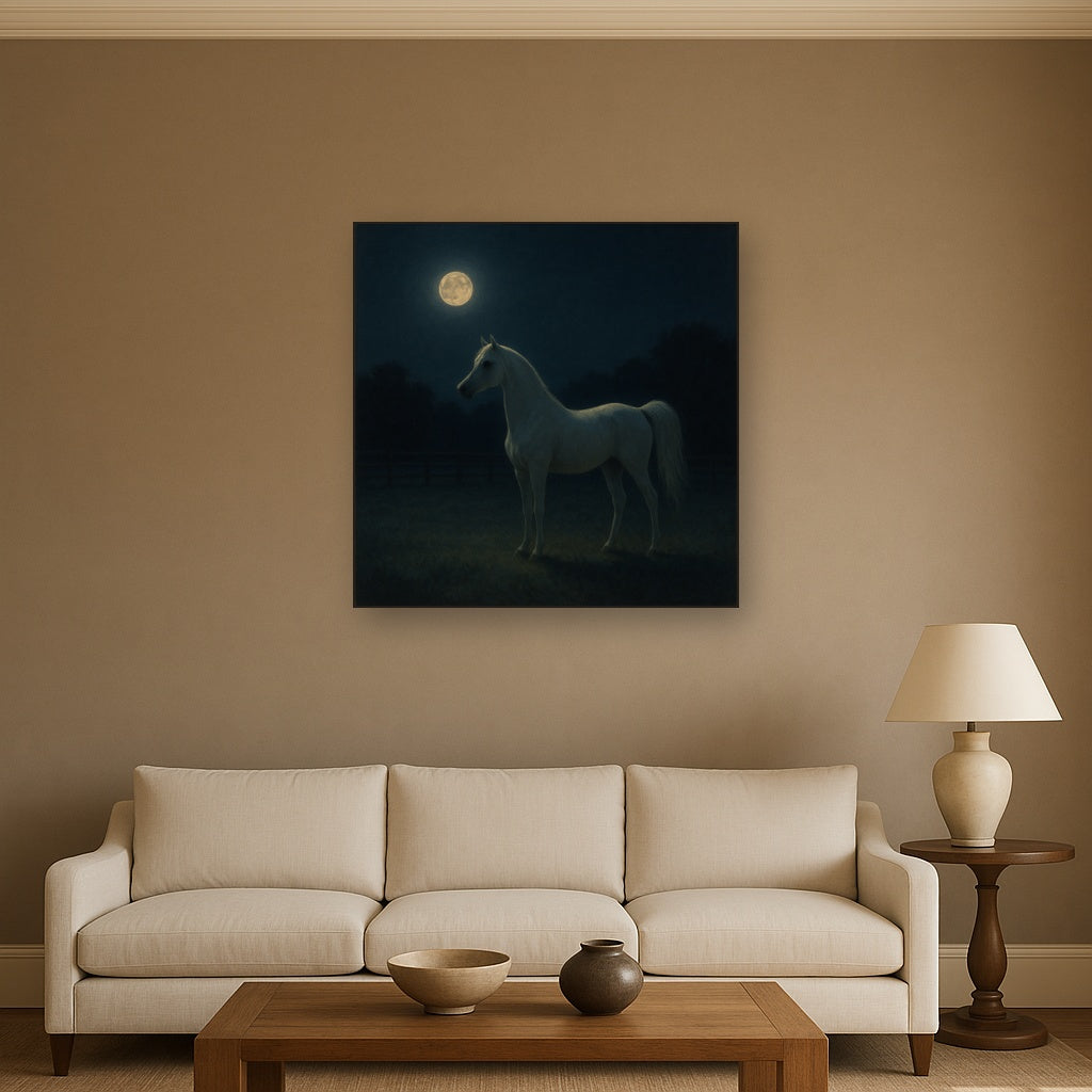 Moonlit Paddock with White Arabian Silhouette No. 13 Oil Painting Staged Above Sectional Sofa in Living Room, Hand Painted Canvas Wall Art for Home Decor