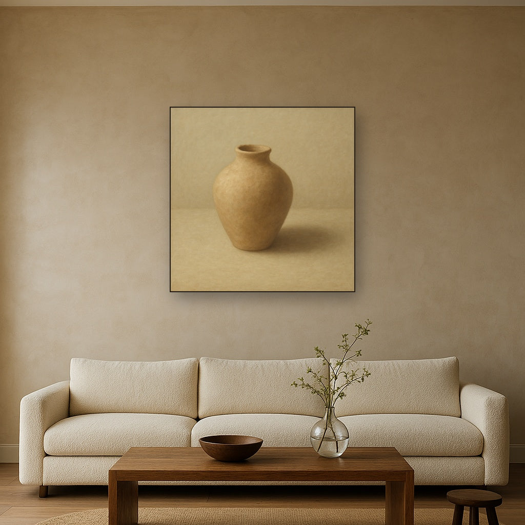 Organic Clay Vessel & Solitary Shadow No. 29 Oil Painting Staged Above Sectional Sofa in Living Room, Hand Painted Canvas Wall Art for Home Decor